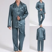 Hvyesh Big and Tall Pajamas Set for Men Button Down Silk Long Sleeve 2 Piece Sets Loungewear Pjs,2025 Spring Summer Striped Satin Pajamas Sleepwear Suit with Pockets